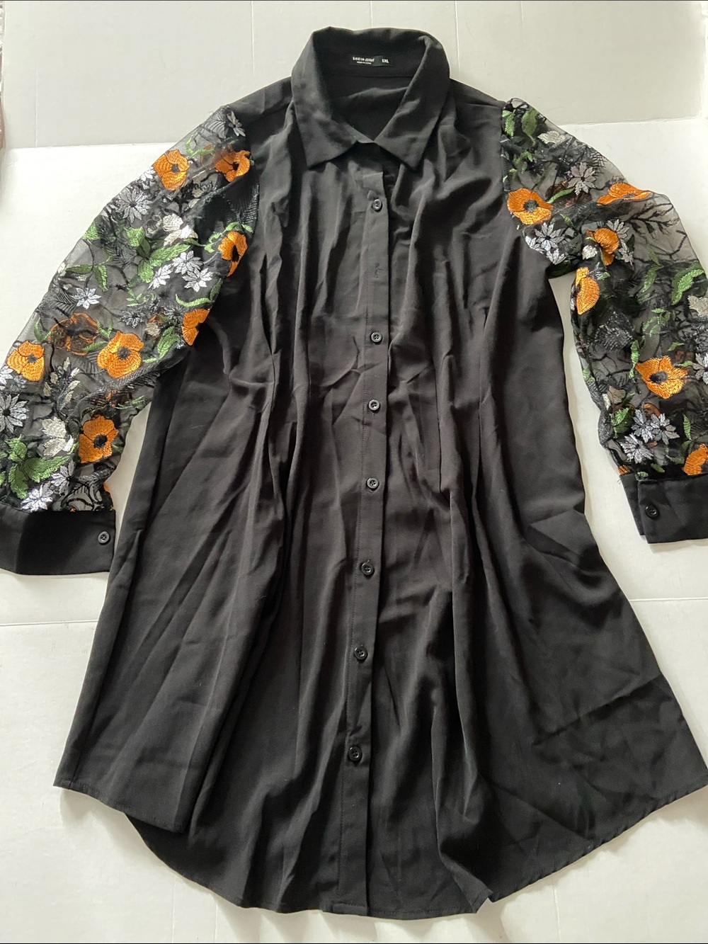 Shein button-up shirt dress with sheer sleeves.